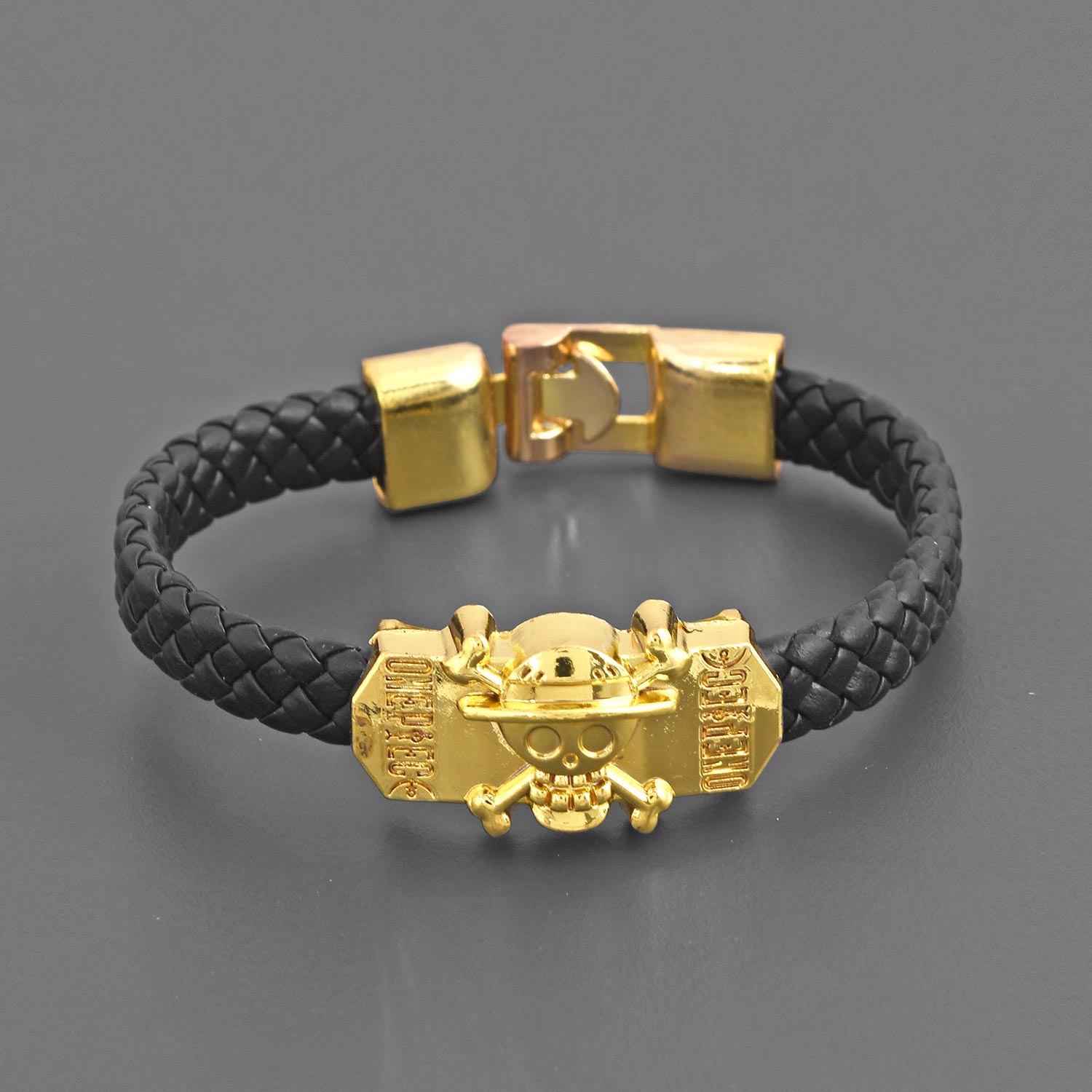 Biker Style Golden Skull Design Black Band Mens Bracelet