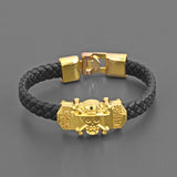 Biker Style Golden Skull Design Black Band Mens Bracelet