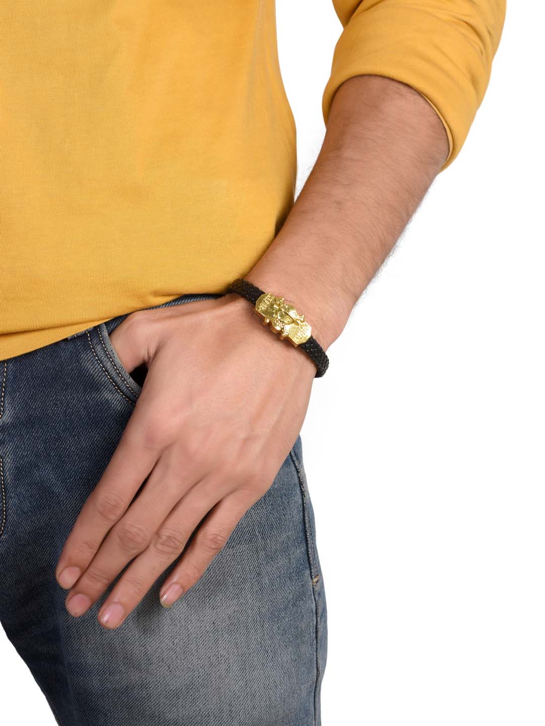 Biker Style Golden Skull Design Black Band Mens Bracelet