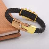 Biker Style Golden Skull Design Black Band Mens Bracelet
