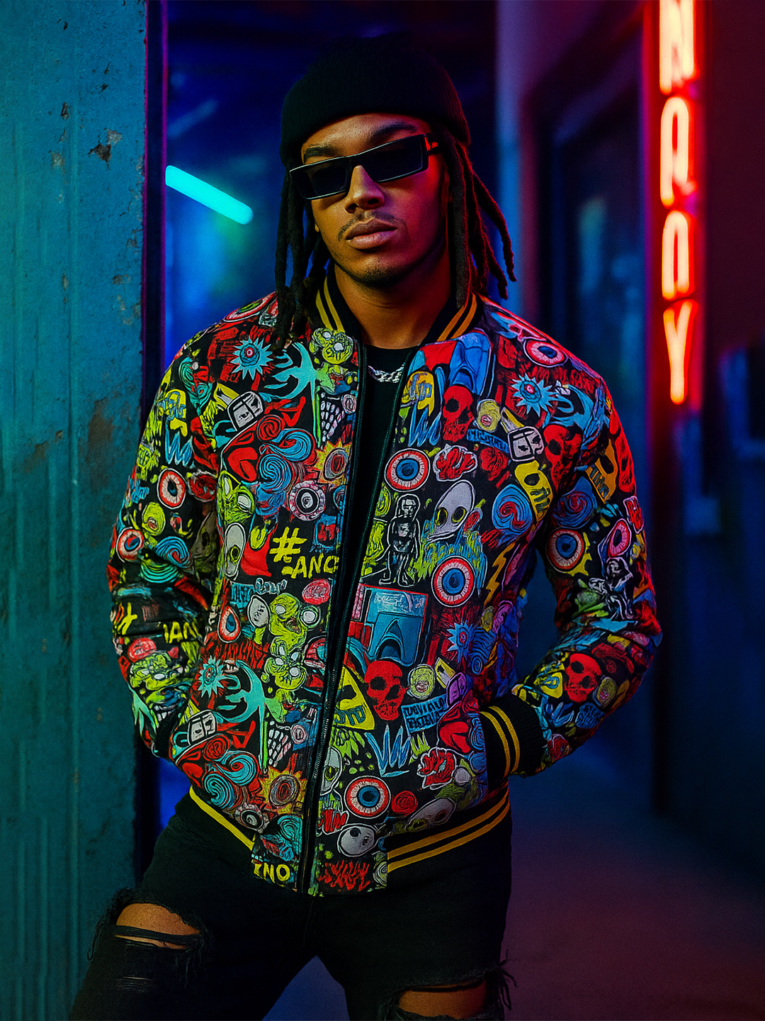 Black Quirky Printed Velvet Jacket