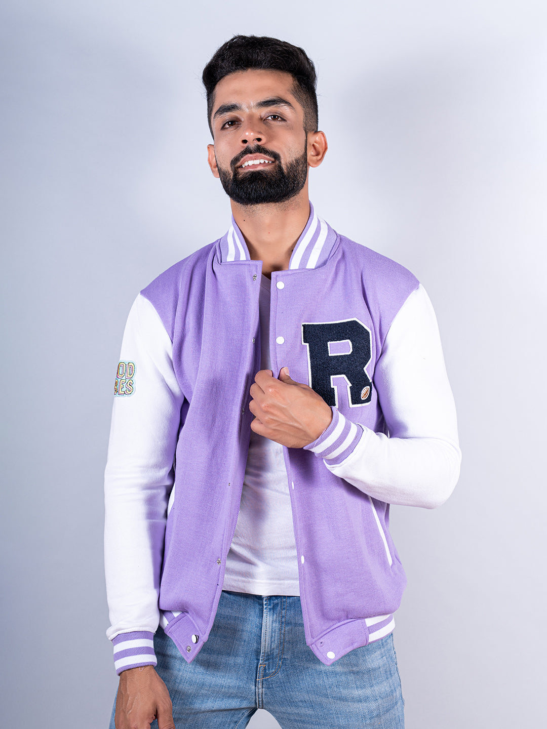 Good Vibes Lilac R Varsity Jacket