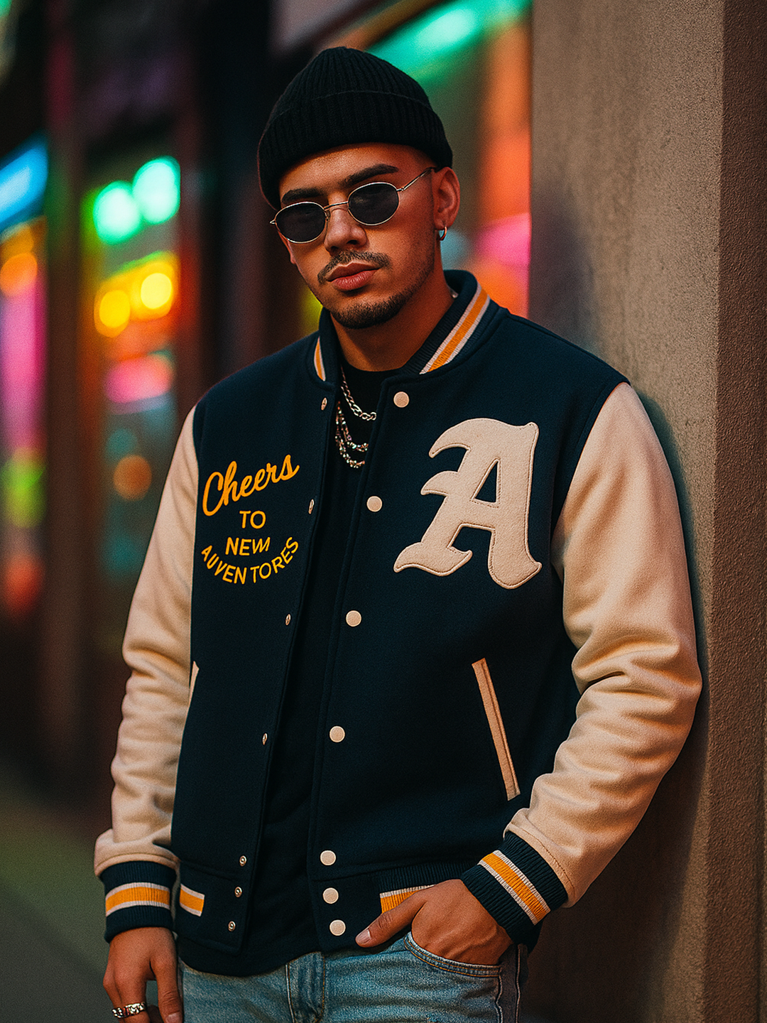 Cheers To New Adventures LA Navy Blue Varsity Jacket
