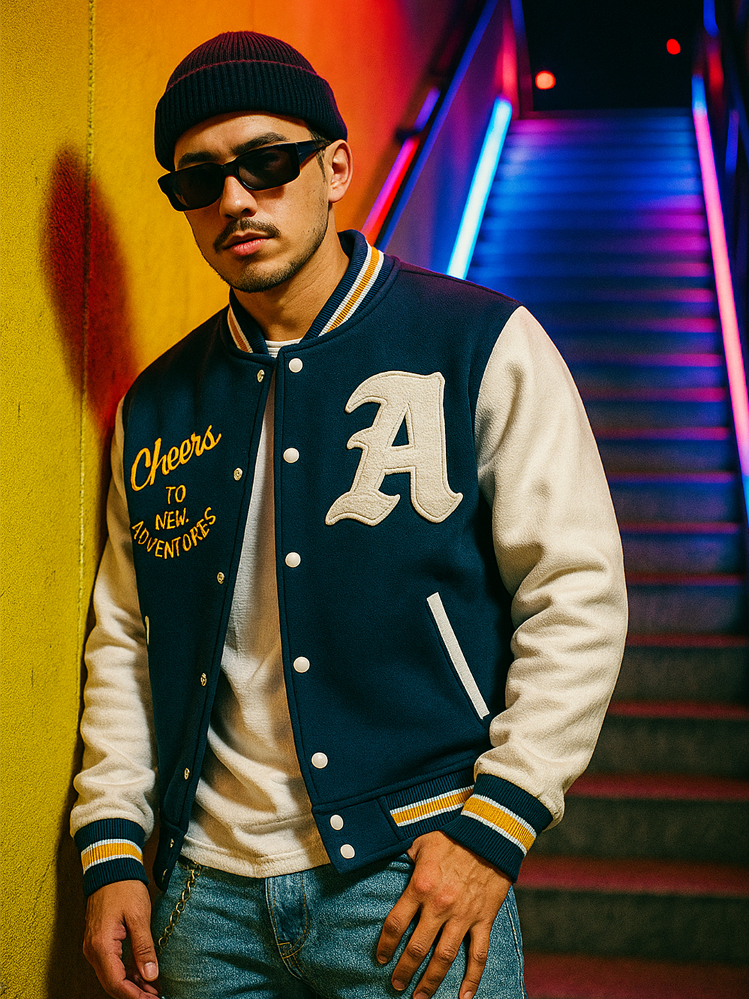 Cheers To New Adventures LA Navy Blue Varsity Jacket
