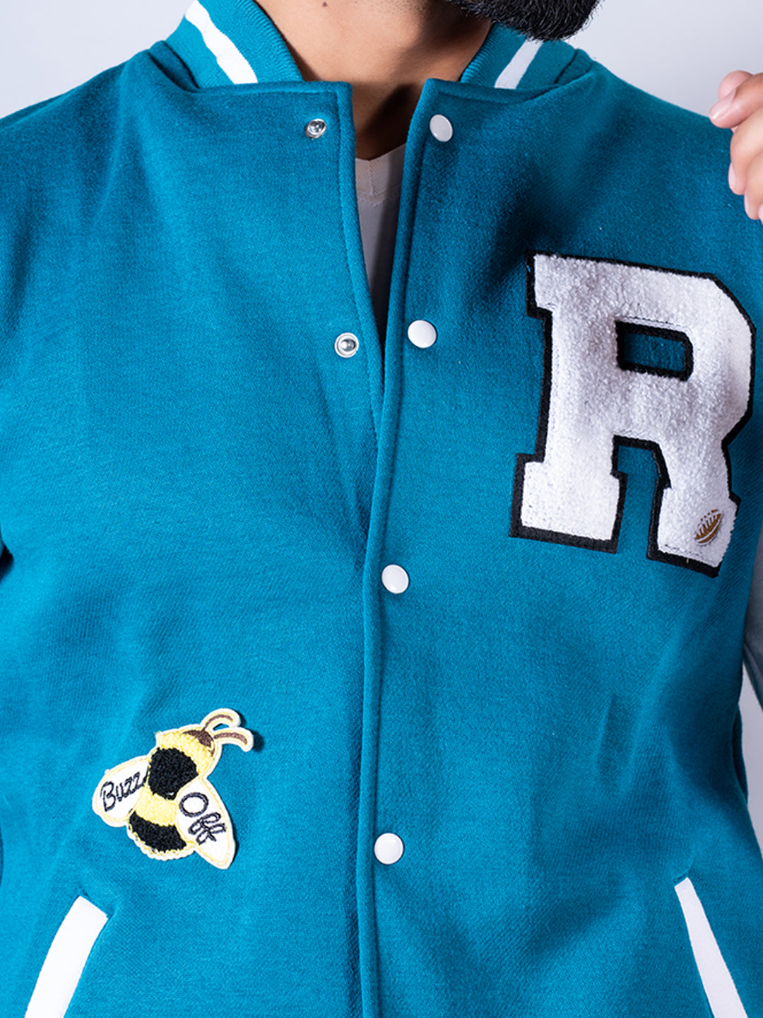Teal Blue Buzz Off Varsity Jacket