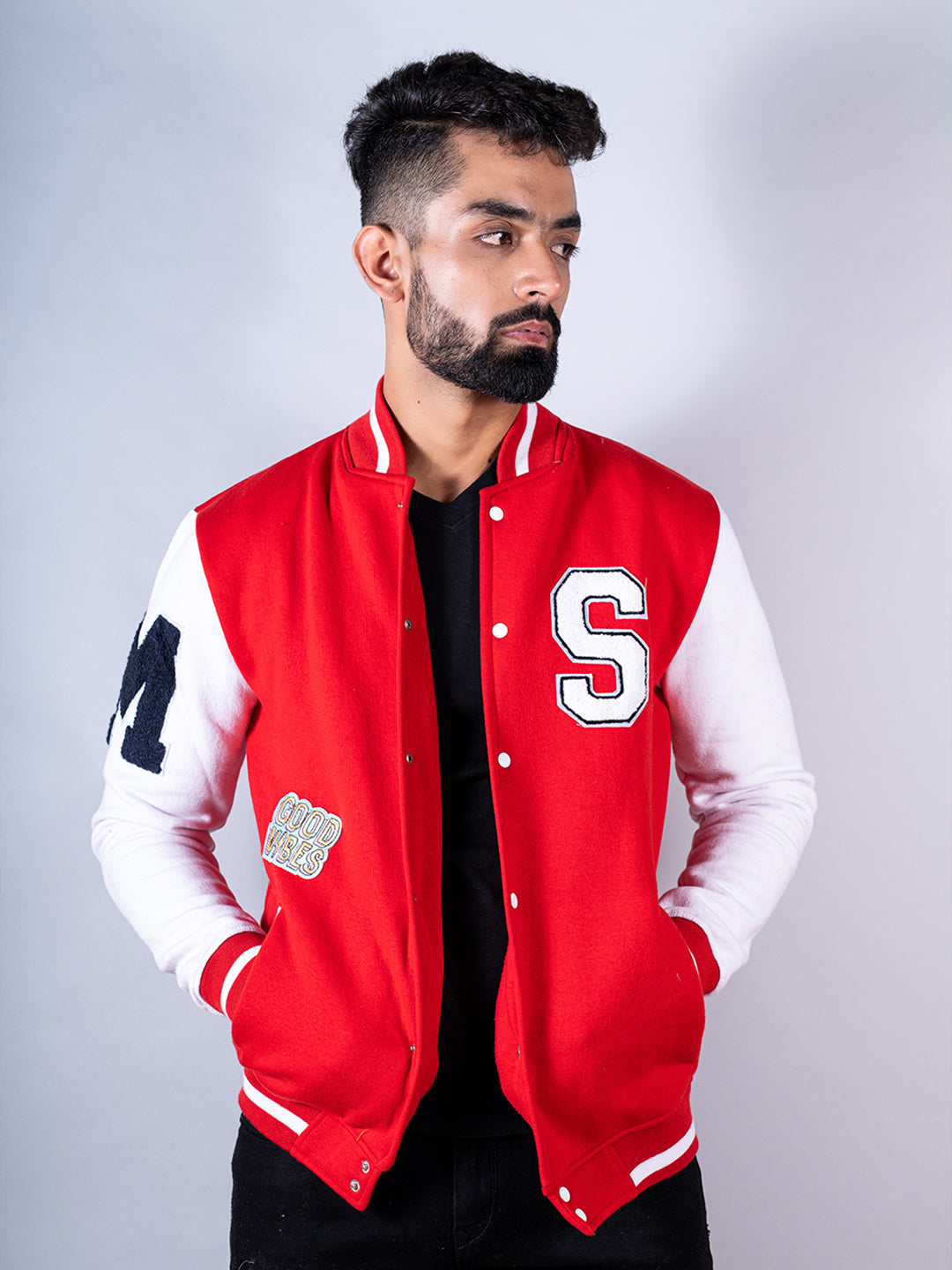 Red good vibes S Varsity Jacket