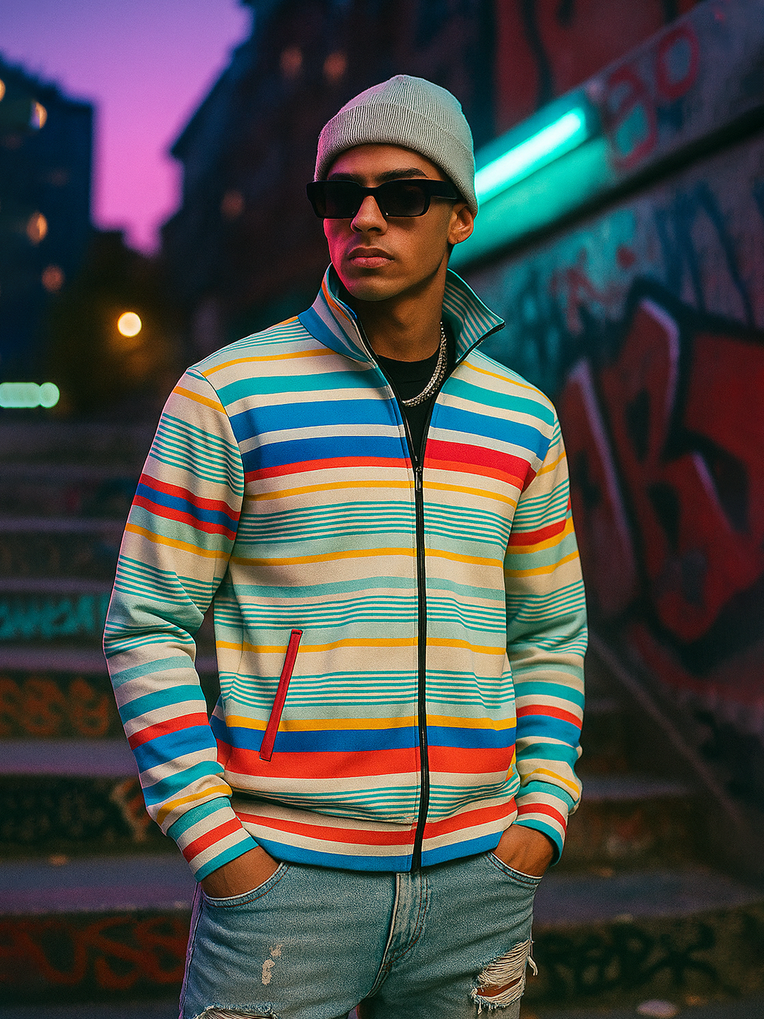 Multicolor Stripes Printed Mens Jacket