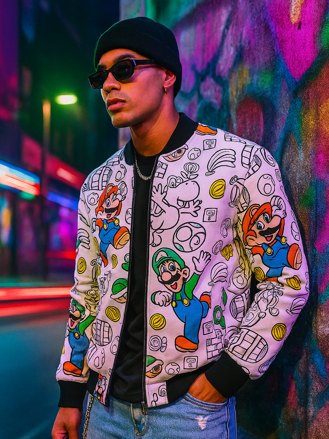 White Super Mario Printed Velvet Jacket