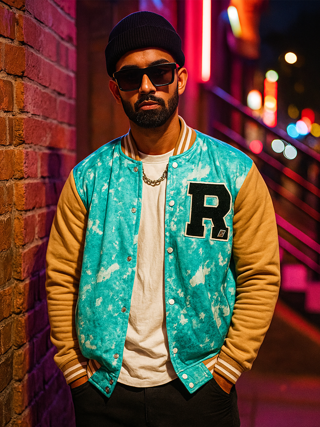 Sky Blue R Tie Dye Varsity Jacket