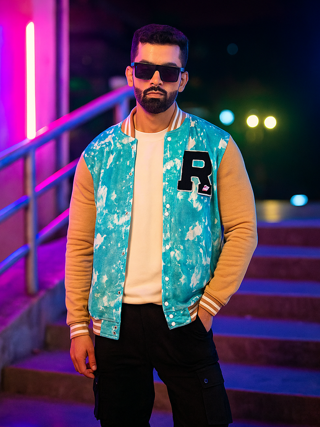 Sky Blue R Tie Dye Varsity Jacket