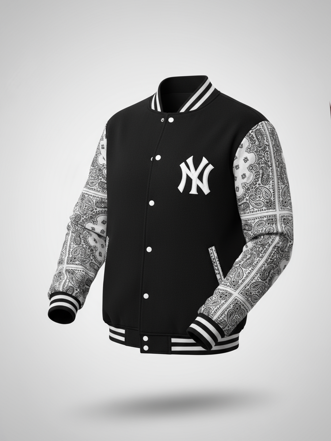 Black Paisley Bandana NY Printed Varsity Jacket