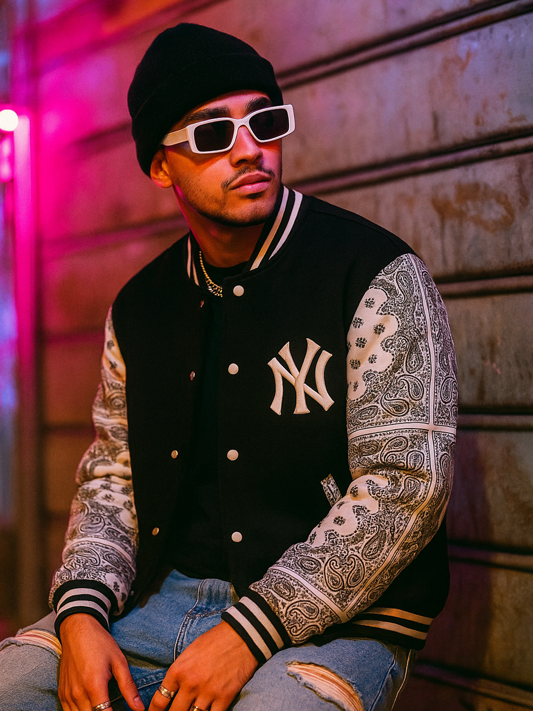 Black Paisley Bandana NY Printed Varsity Jacket