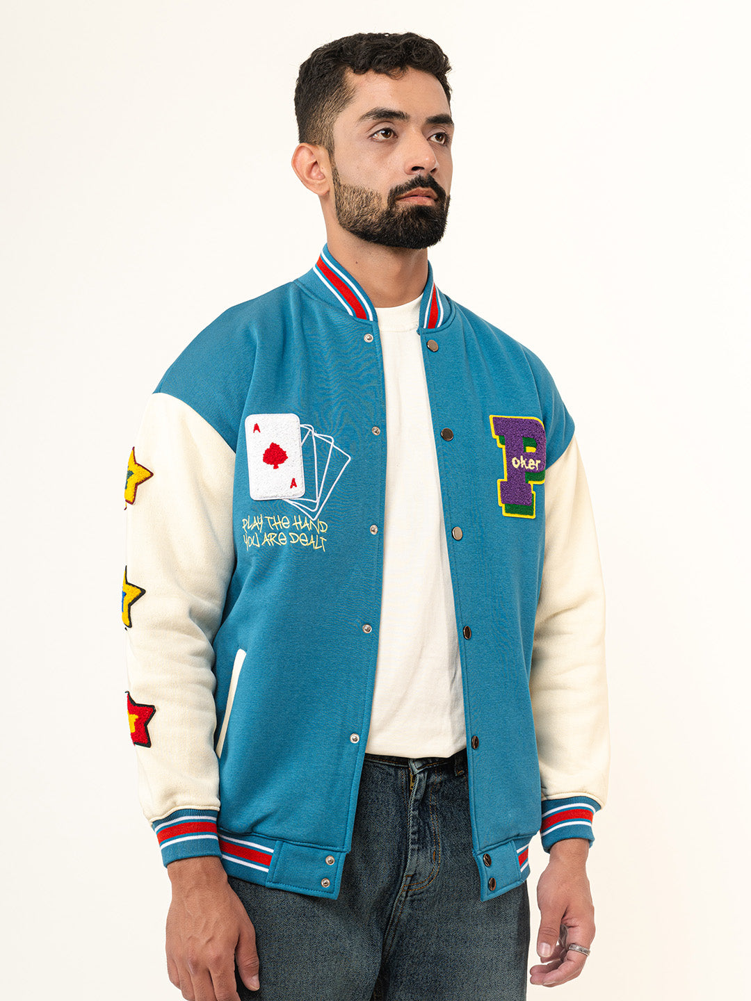 Teal Blue Poker Varsity Jacket