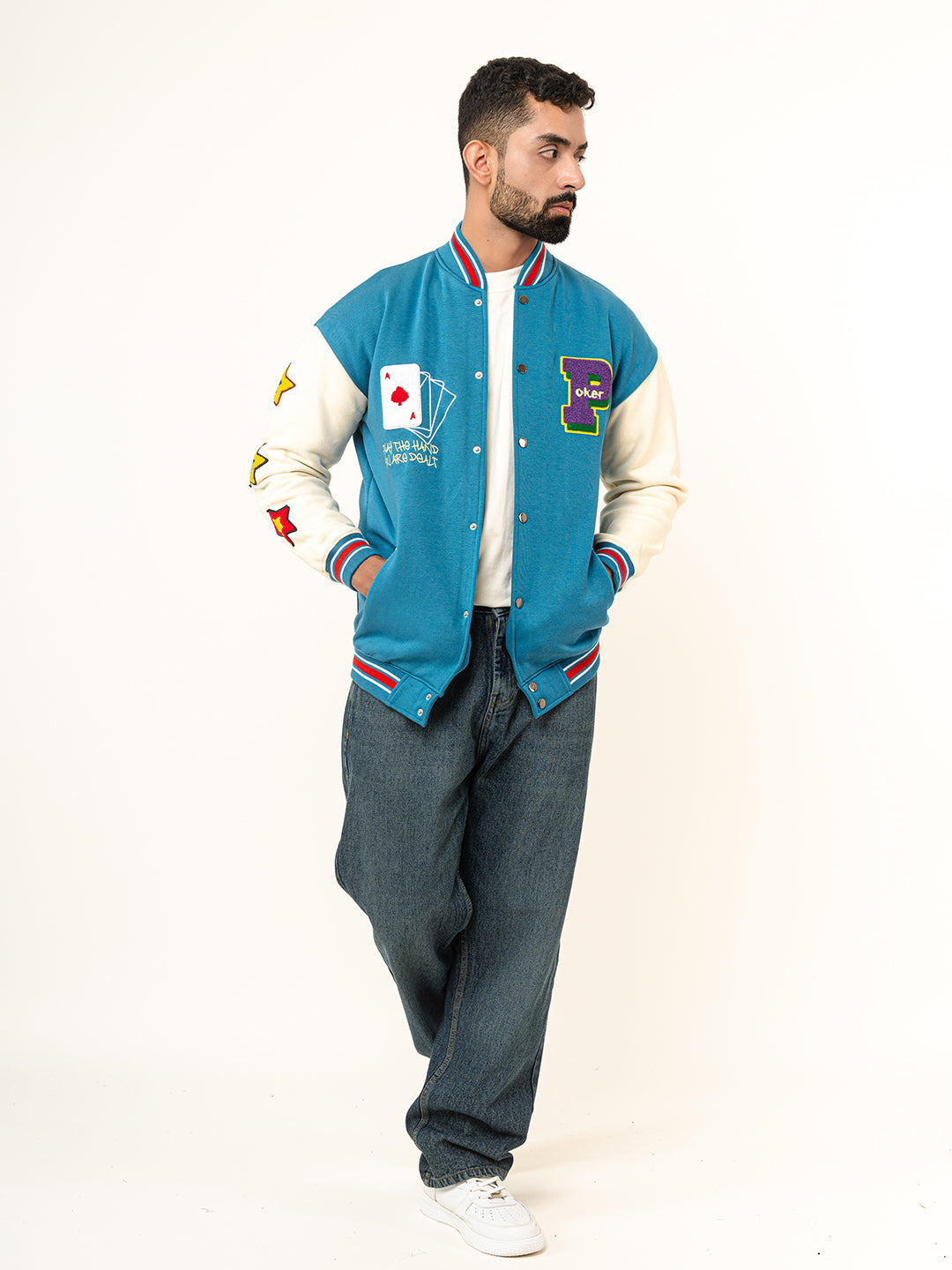 Teal Blue Poker Varsity Jacket