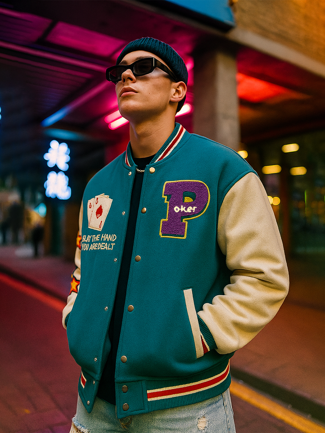 Teal Blue Poker Varsity Jacket