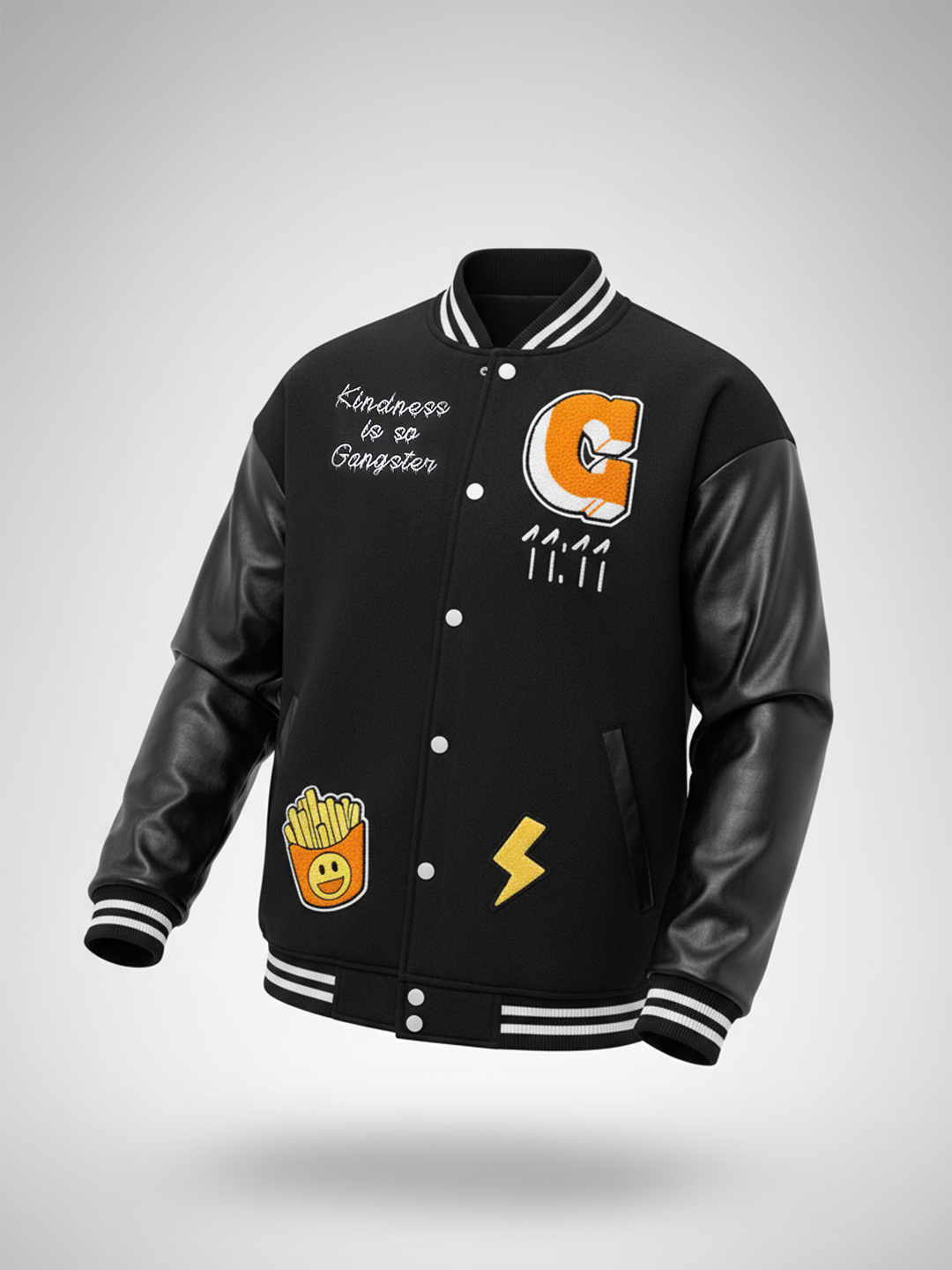 Black G With Leather Sleeves Varsity Jacket