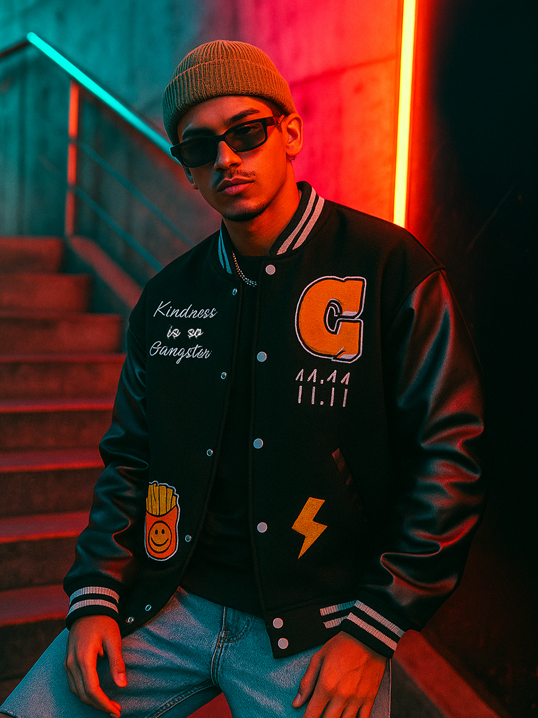 Black G With Leather Sleeves Varsity Jacket