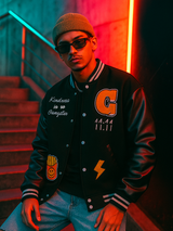 Black G With Leather Sleeves Varsity Jacket