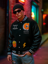 Black G With Leather Sleeves Varsity Jacket