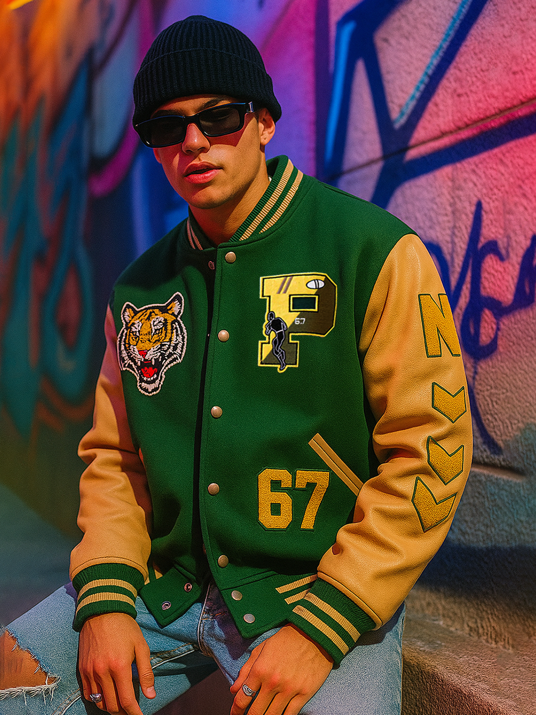 Bottle Green P Varsity Jacket