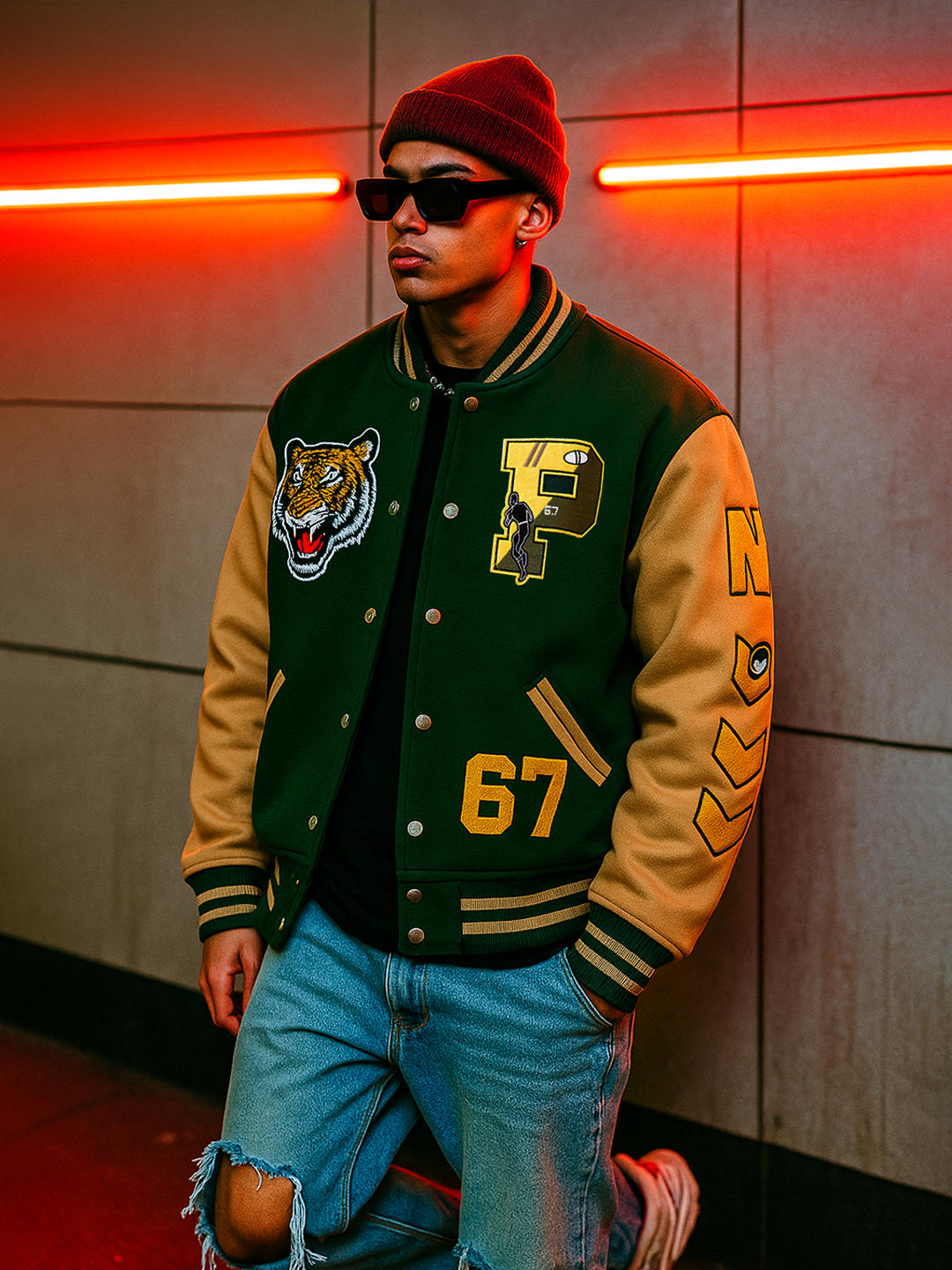 Bottle Green P Varsity Jacket