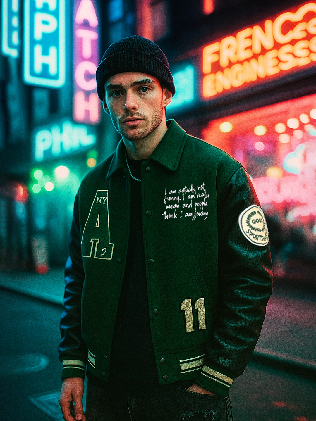 Green A With Leather Sleeves Varsity Jacket