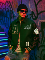 Green A With Leather Sleeves Varsity Jacket