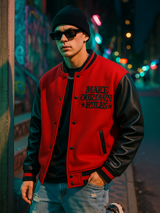 Red Billionaire With Leather Sleeves Varsity Jacket