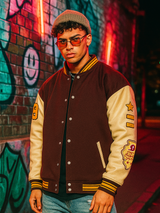Brown God Of Hope Printed Varsity Jacket