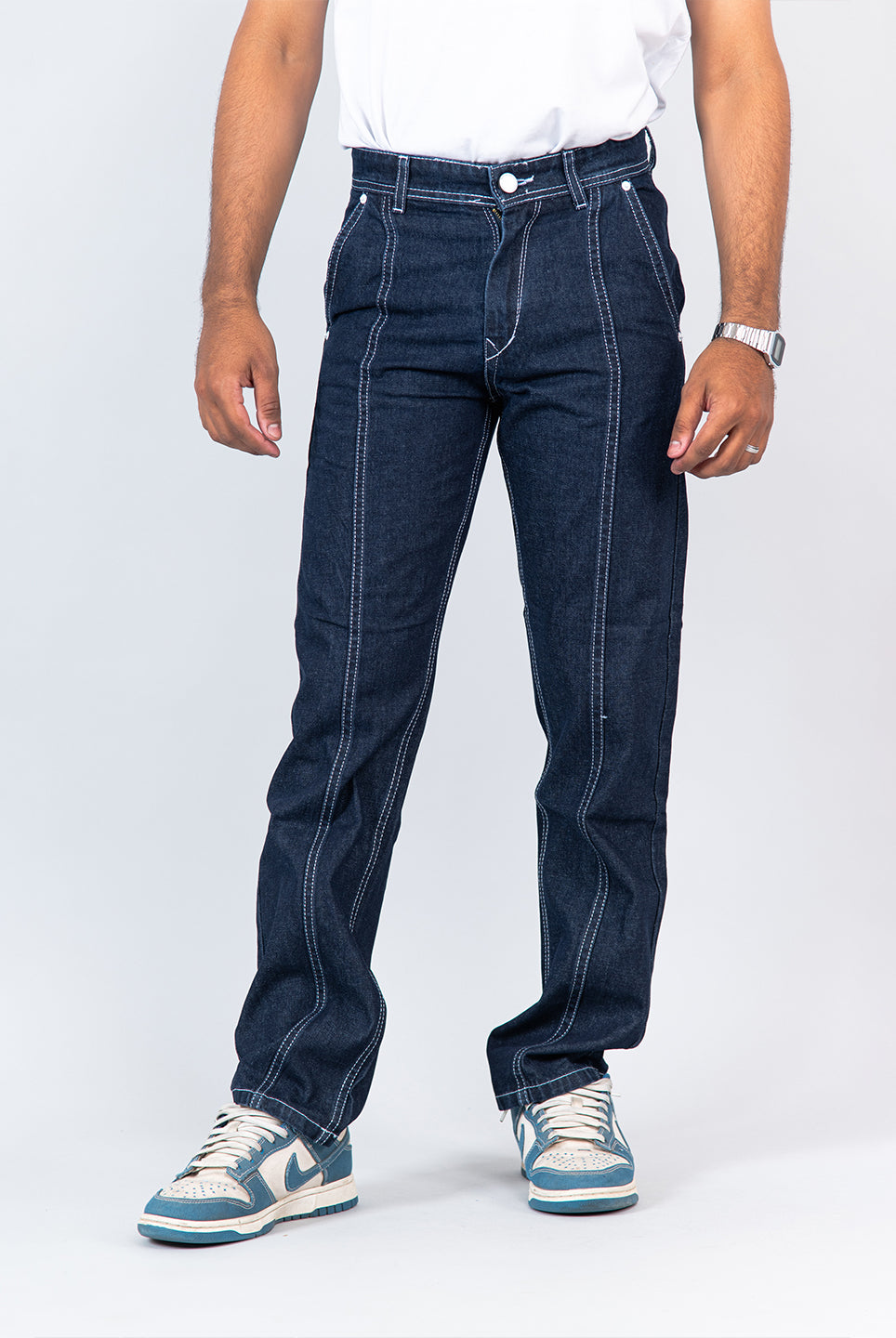 dark blue flared straight fit cargo denim jeans