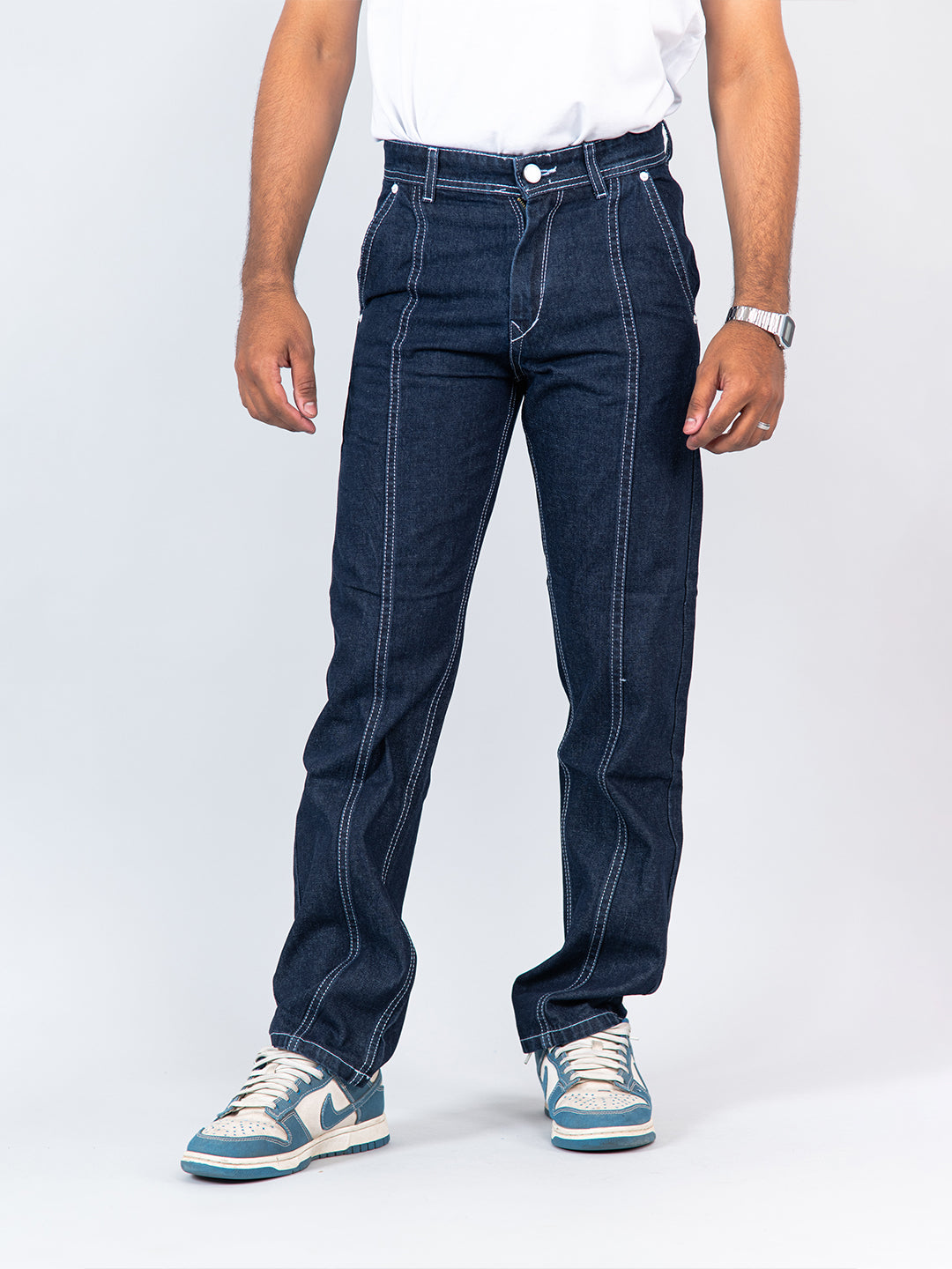 dark blue flared straight fit cargo denim jeans