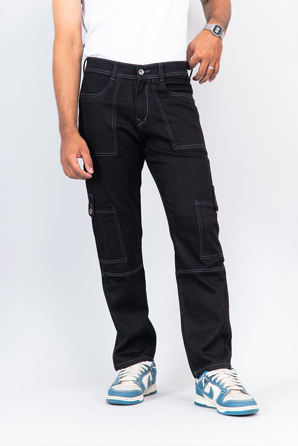 black comfort fit cargo denim jeans