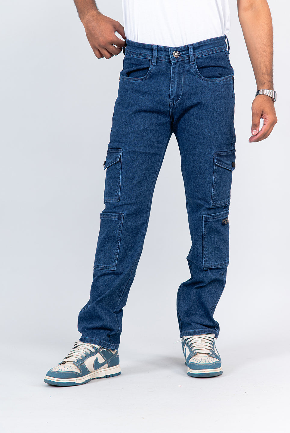 dark blue baggy fit cargo denim jeans