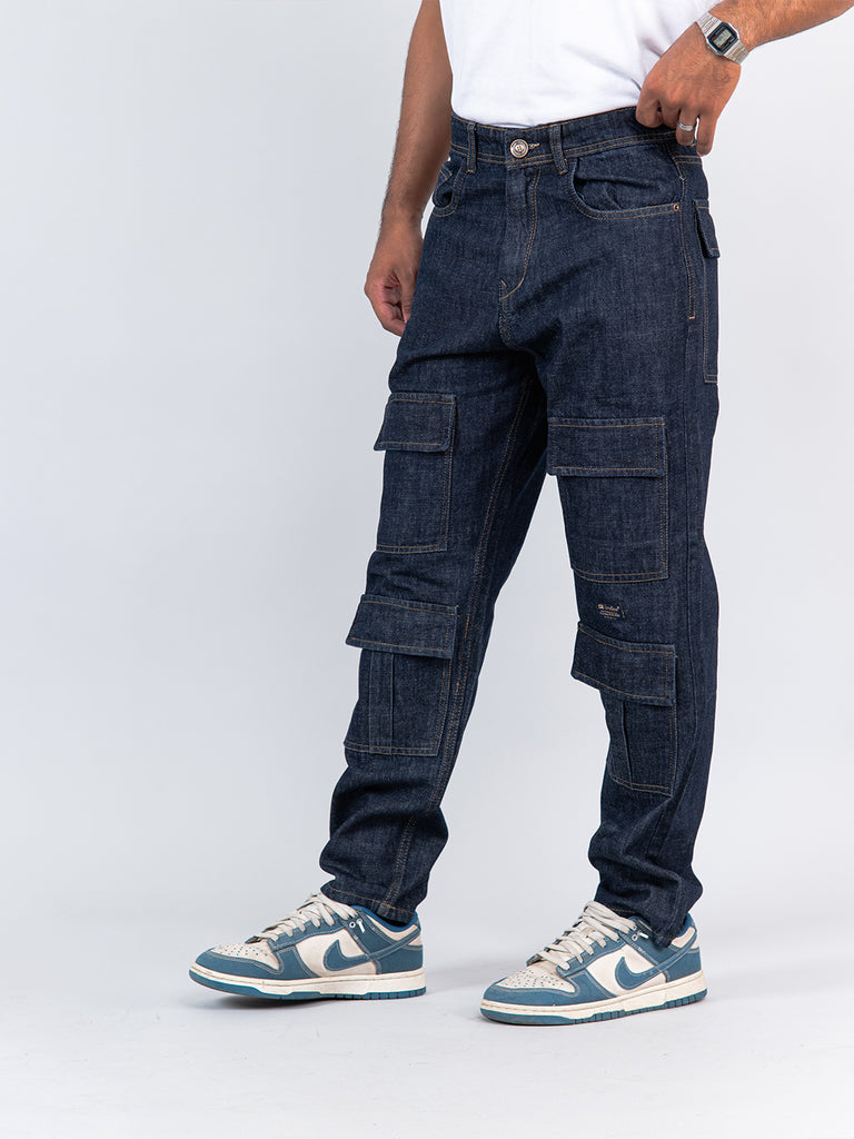 Dark Blue Cargo Baggy Fit Denim Jeans 