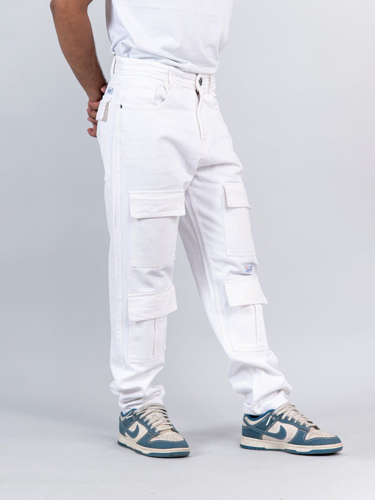 White Cargo Baggy Fit Denim Jeans 