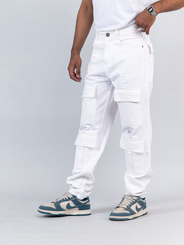 White Cargo Baggy Fit Denim Jeans 