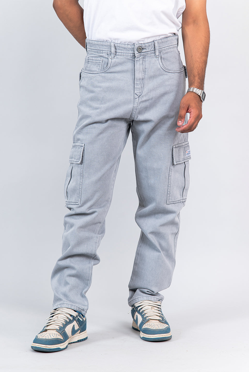 light grey baggy fit cargo denim jeans