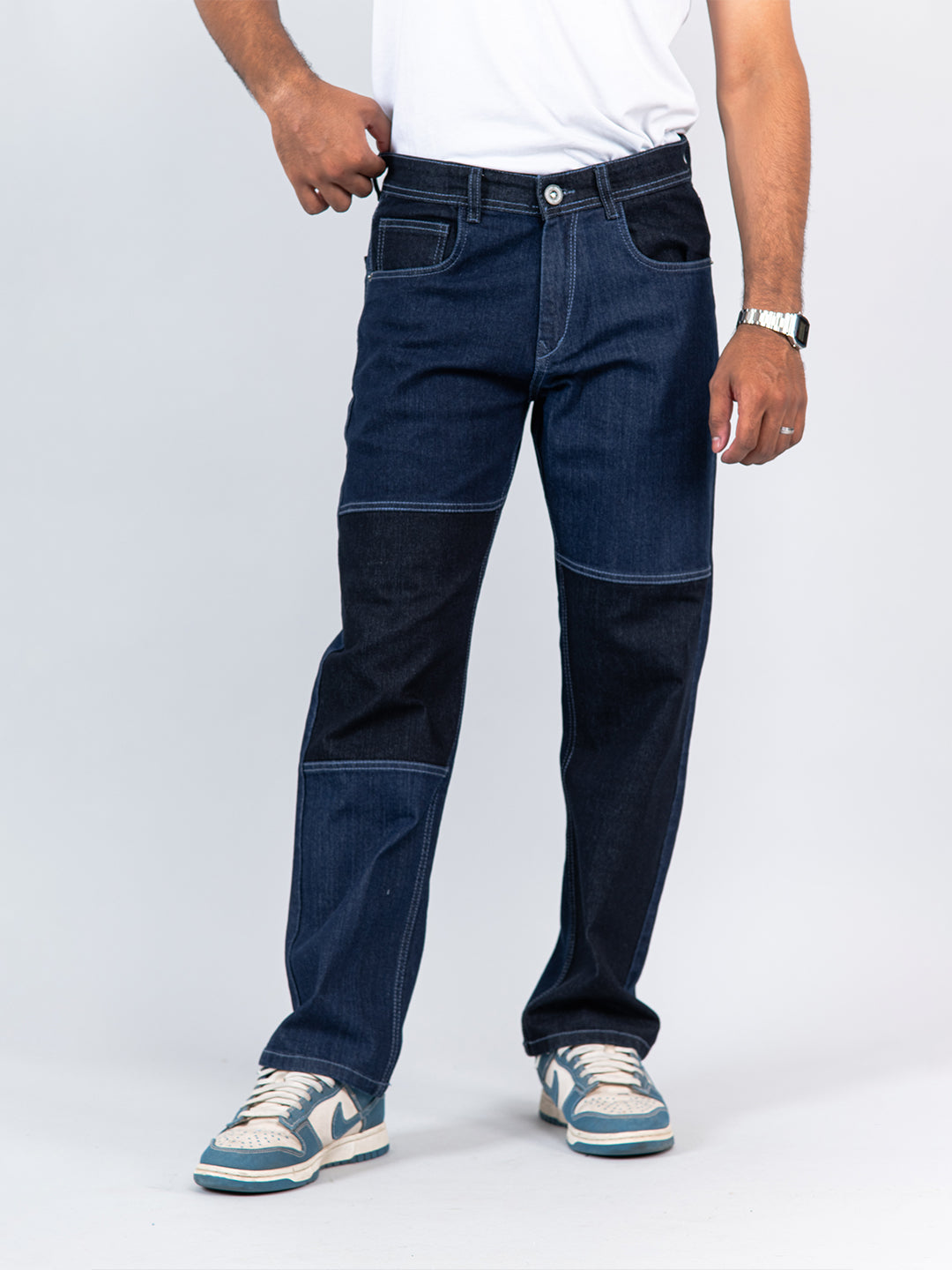 Buy Navy Blue Colour Block Straight Fit Denim Jeans Online