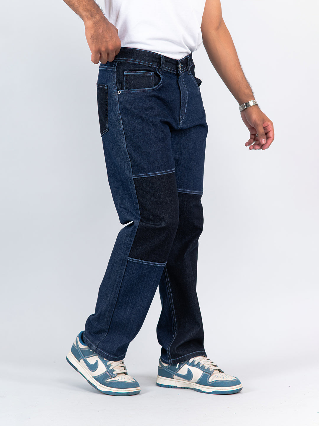 Navy Blue Colour Block Straight Fit Denim Jeans