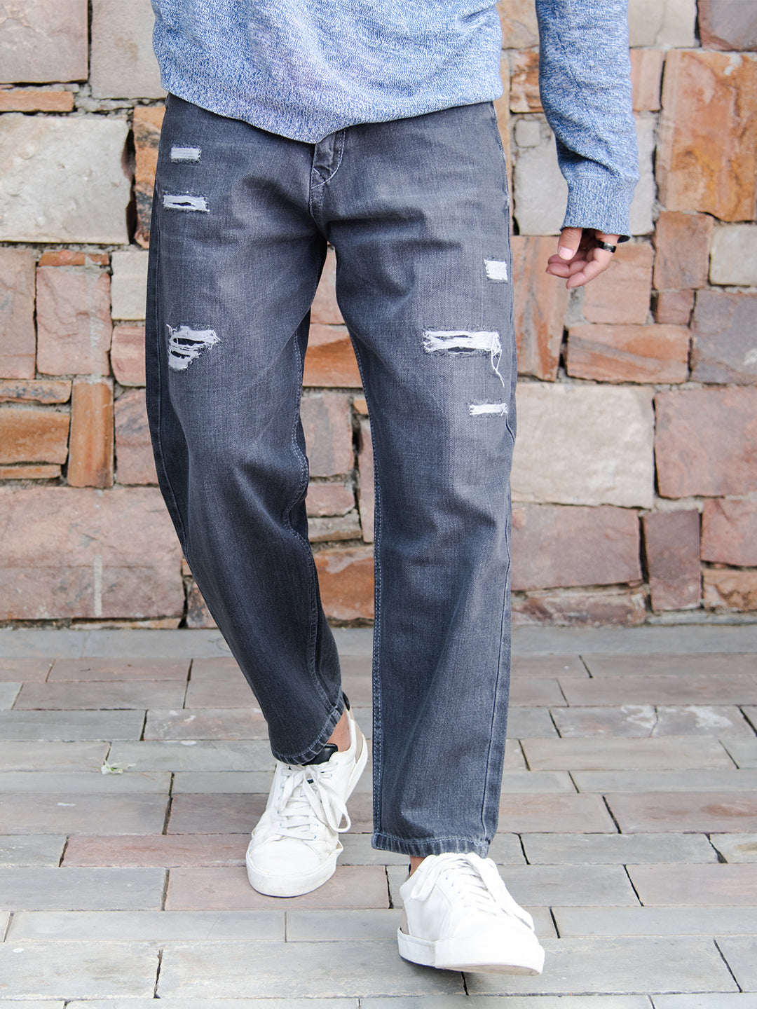 Buy Light Black Ripped Baggy Fit Denim Jeans Online Tistabene