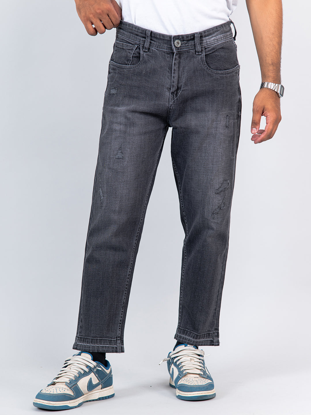 smokey grey ripped cropped slim fit mens jeans