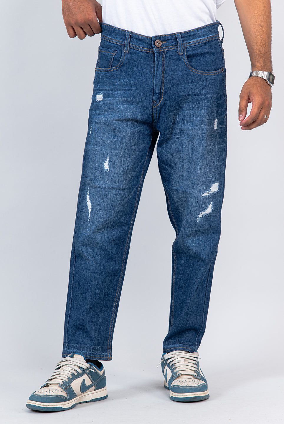 dark blue ripped cropped slim fit mens jeans