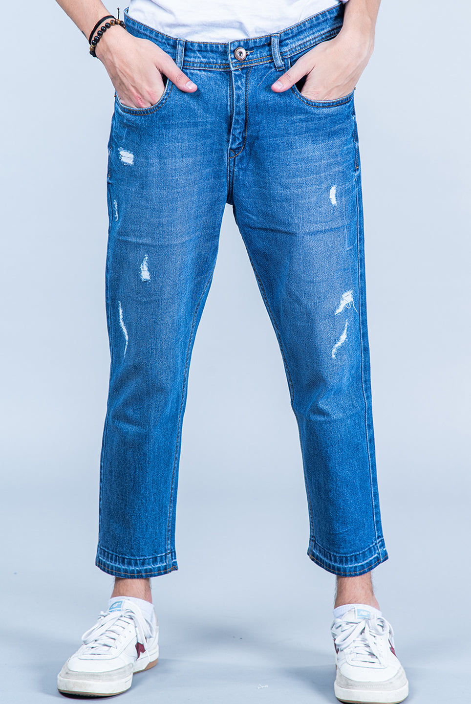 blue ripped cropped slim fit mens jeans