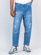 light blue ripped cropped slim fit mens jeans
