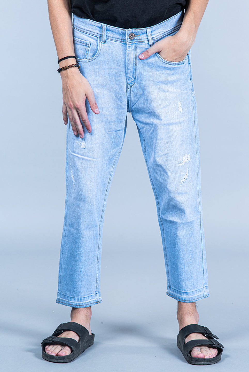 ice blue ripped cropped slim fit mens jeans