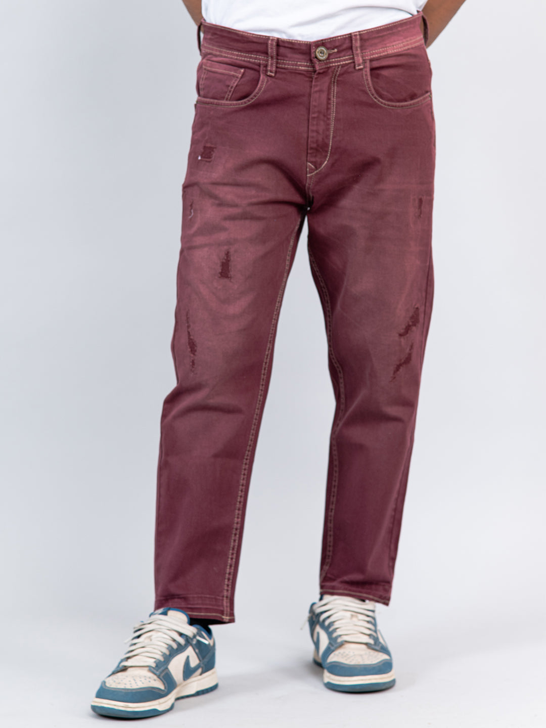 Maroon Ripped Cropped Slim Fit Mens Jeans