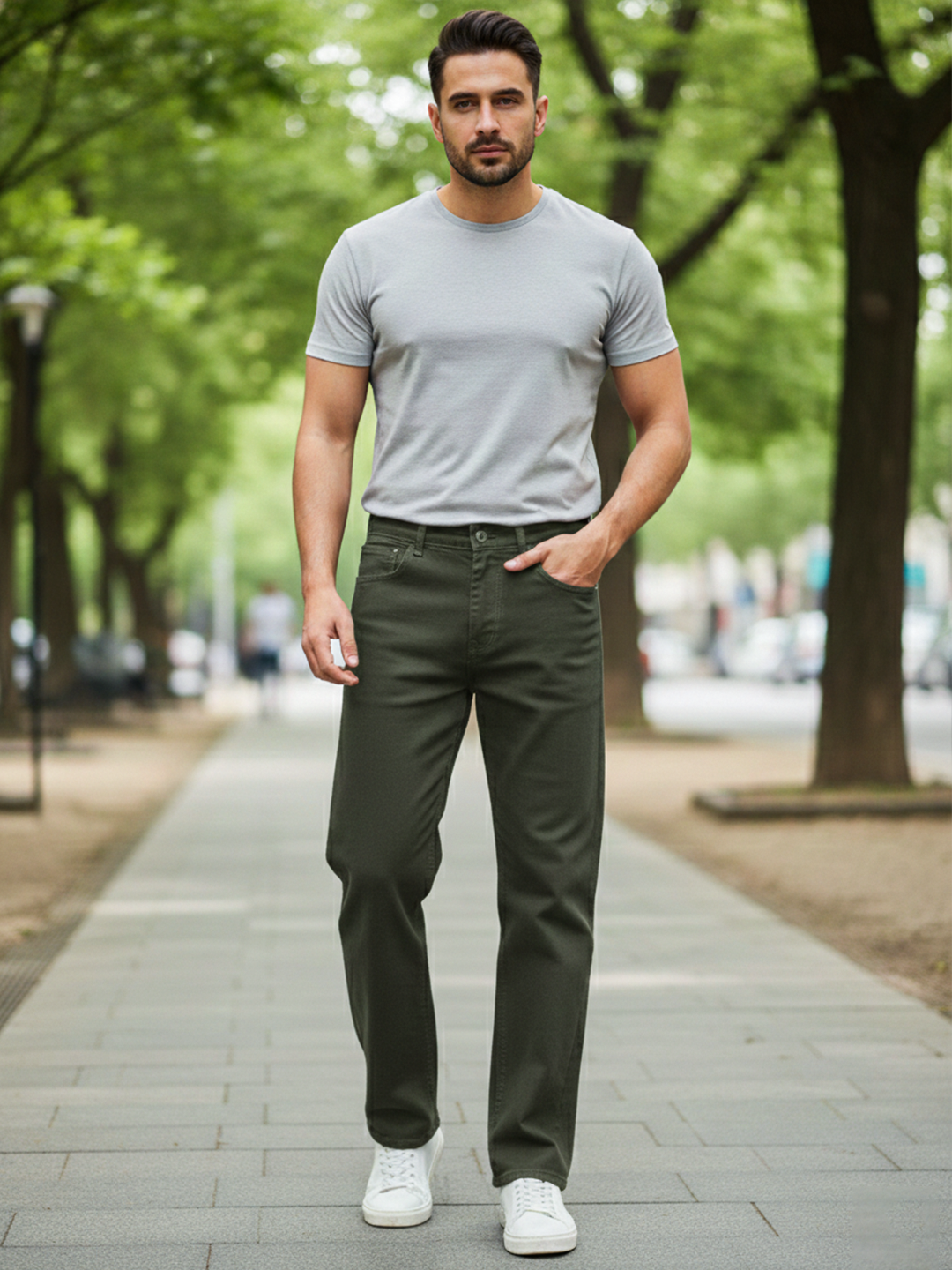 Olive Green Extra Flared Straight Fit Men's Jeans