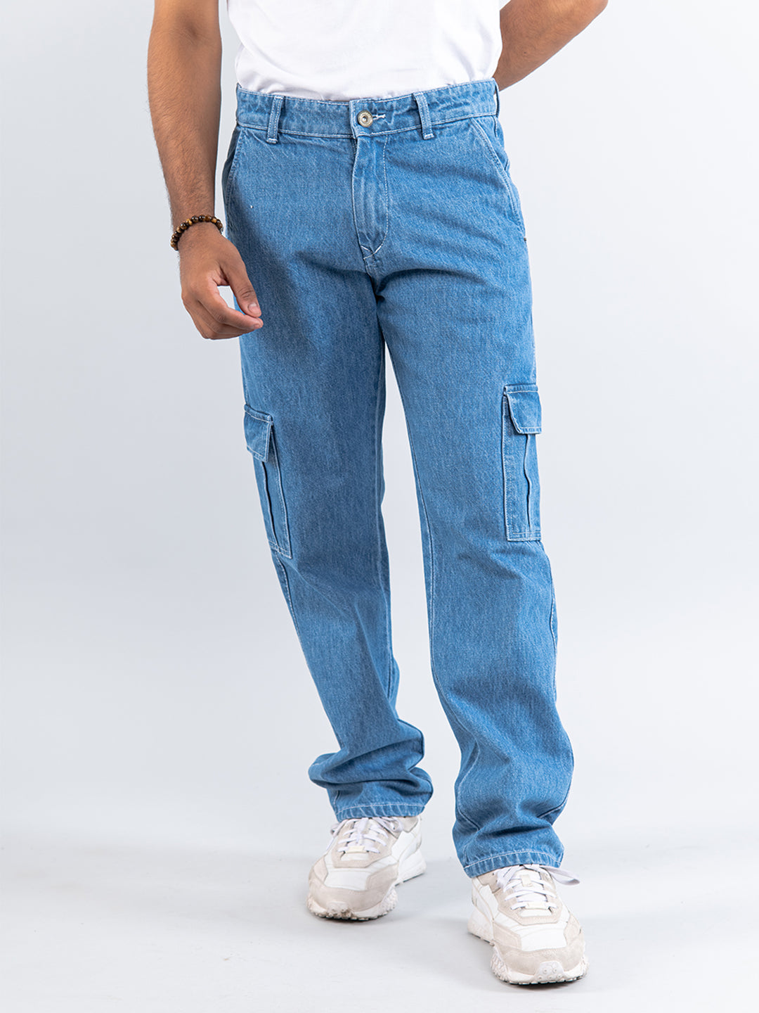 Light Blue Straight Fit Cargo Denim Jeans