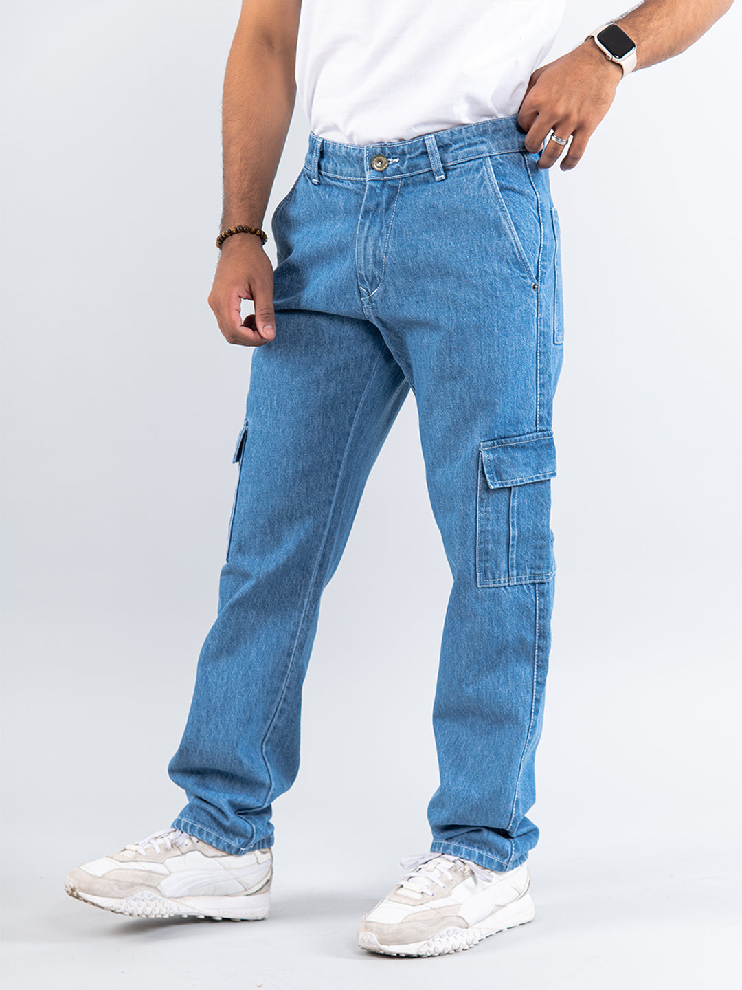 Light Blue Straight Fit Cargo Denim Jeans