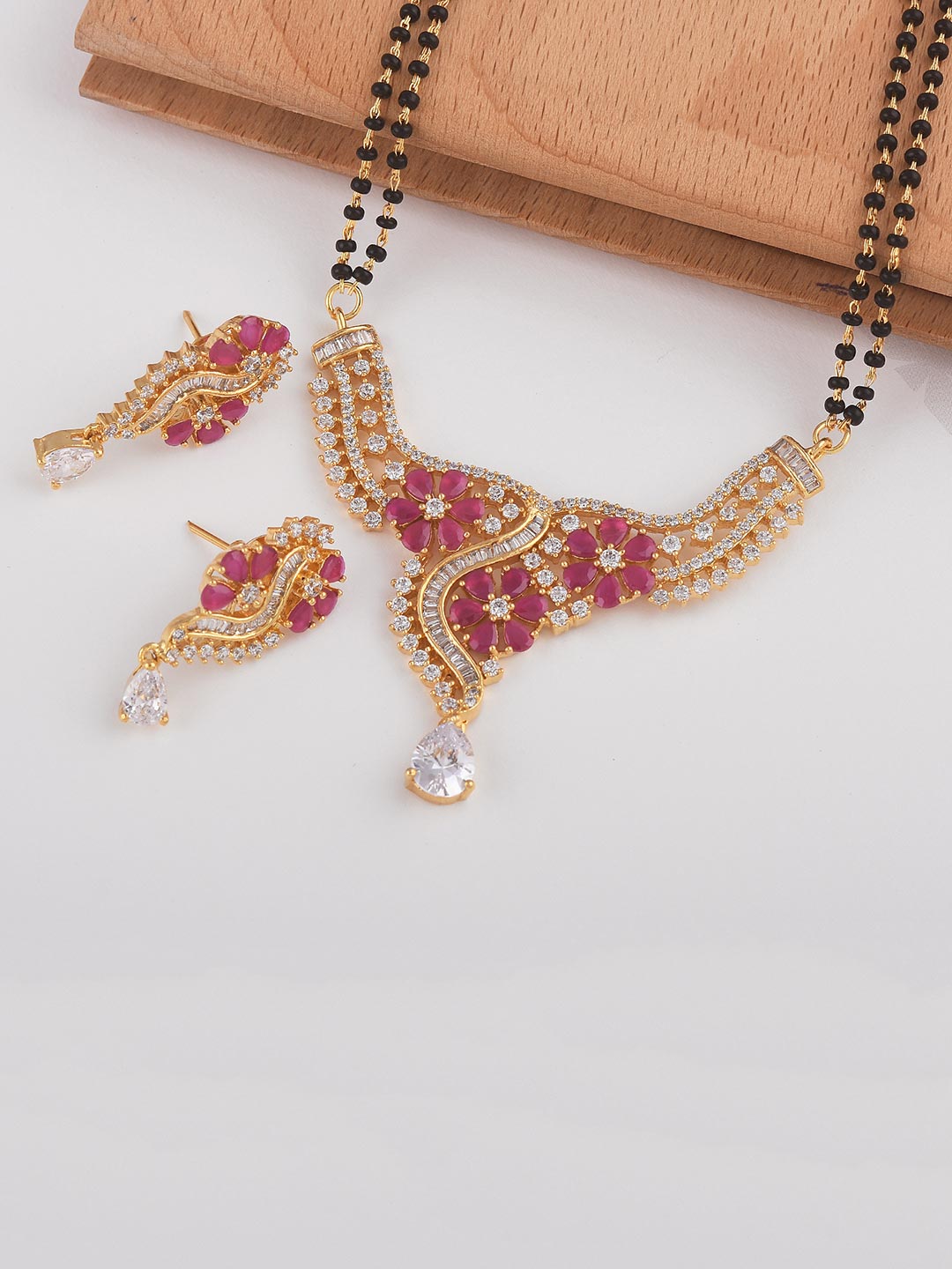 Floral Designer Colored Stones Gold Plated Mangalsutra Set